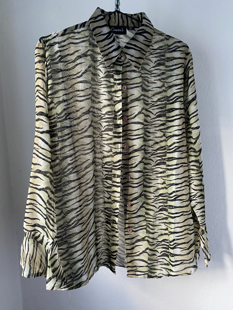 cassee's zebra print sheer button-up blouse