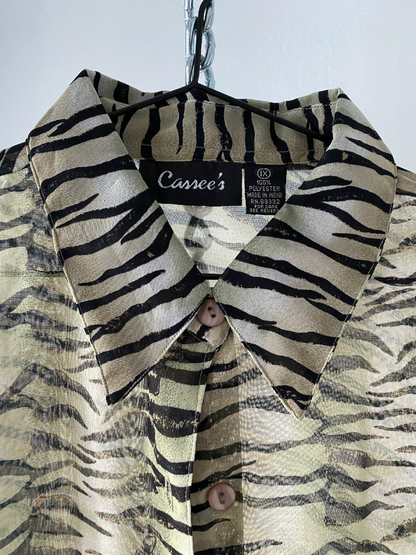 cassee's zebra print sheer button-up blouse