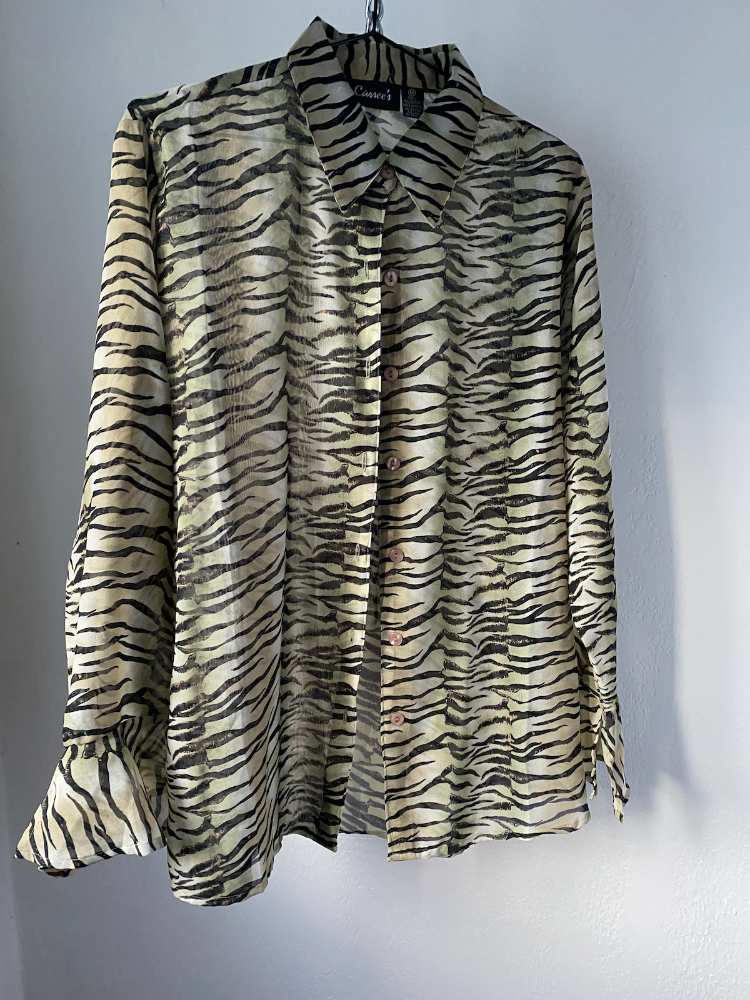 cassee's zebra print sheer button-up blouse