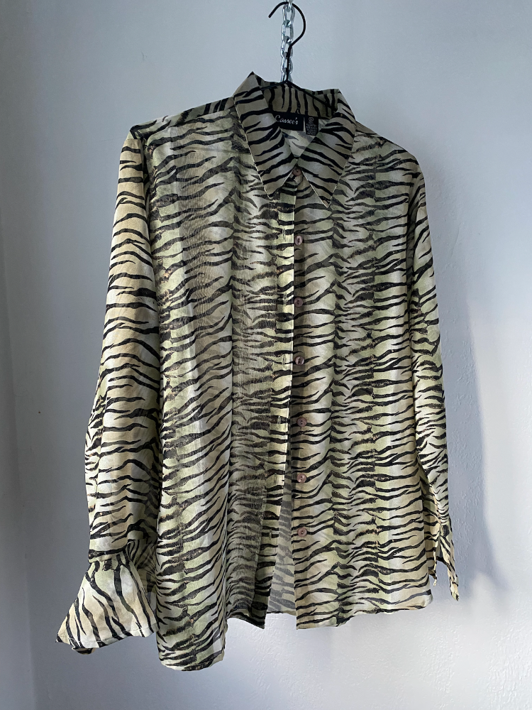 cassee's zebra print sheer button-up blouse