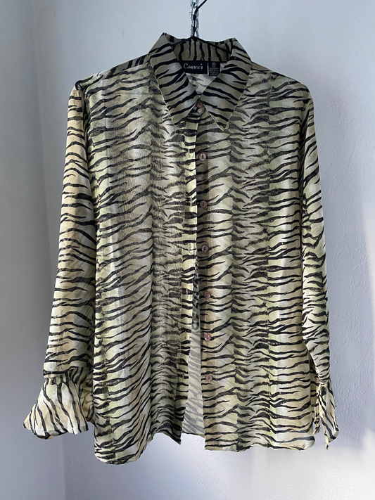 cassee's zebra print sheer button-up blouse