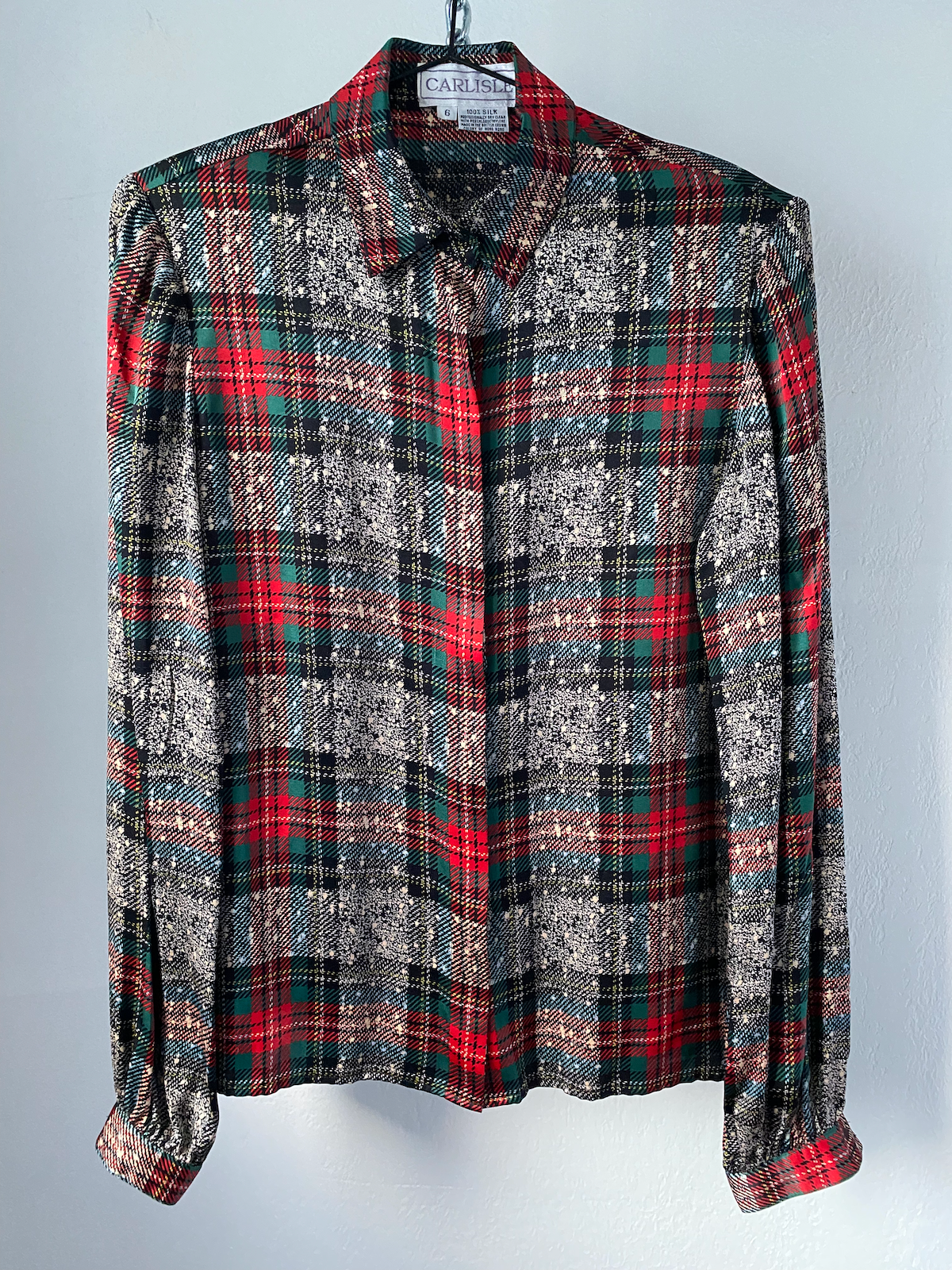 carlisle festive plaid silk button-up blouse