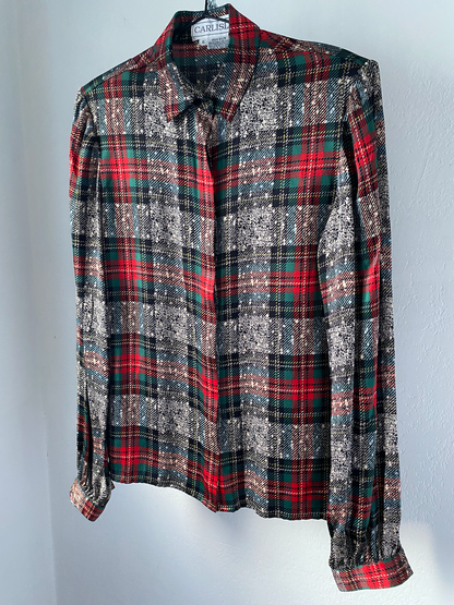 carlisle festive plaid silk button-up blouse