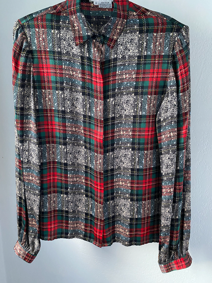 carlisle festive plaid silk button-up blouse