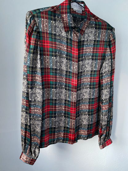 carlisle festive plaid silk button-up blouse